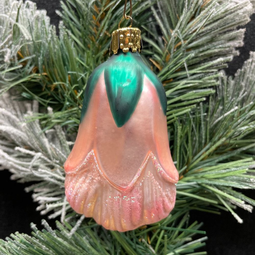 EUC S/3 Christborn Glass Tulip Ornaments, Pink w/Glitter, Green Leaf, 3"T x 2"W